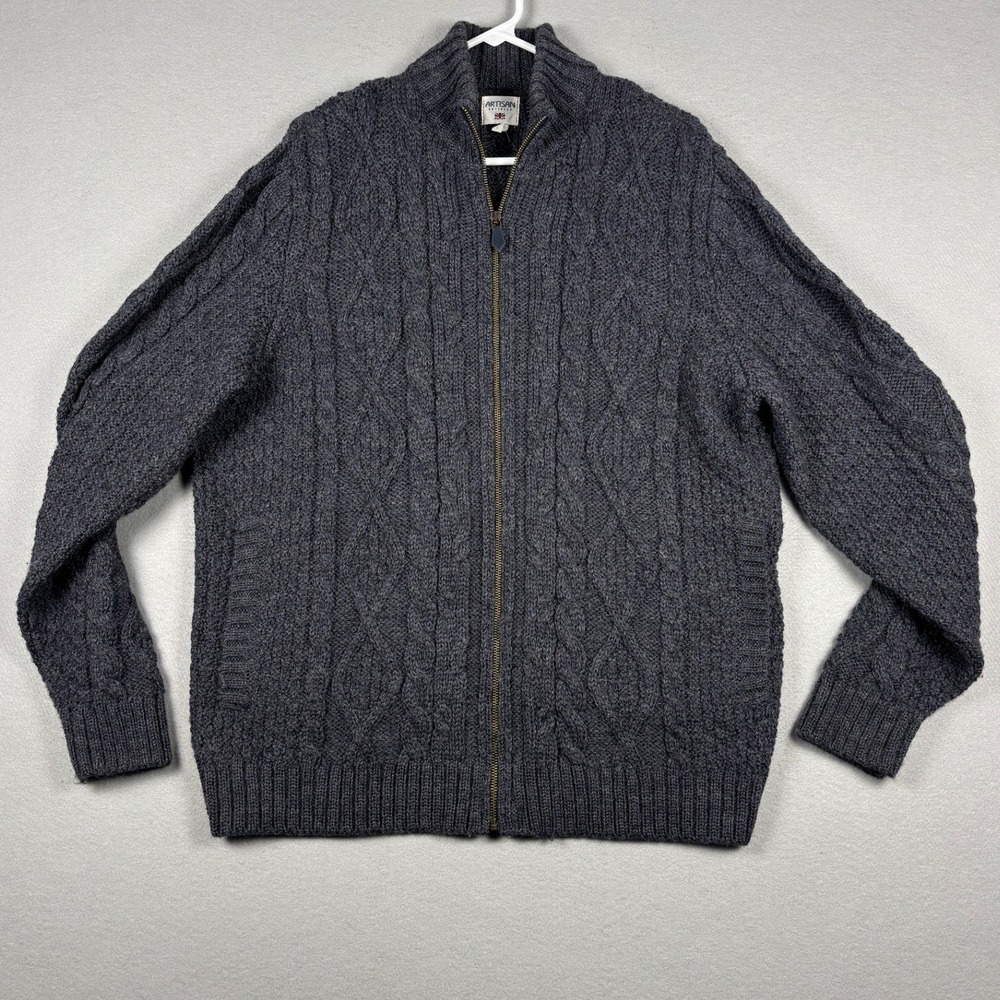 Artisan Knitwear Wool Cable Knit Full Zip Cardigan Sweater L Gray British Isles